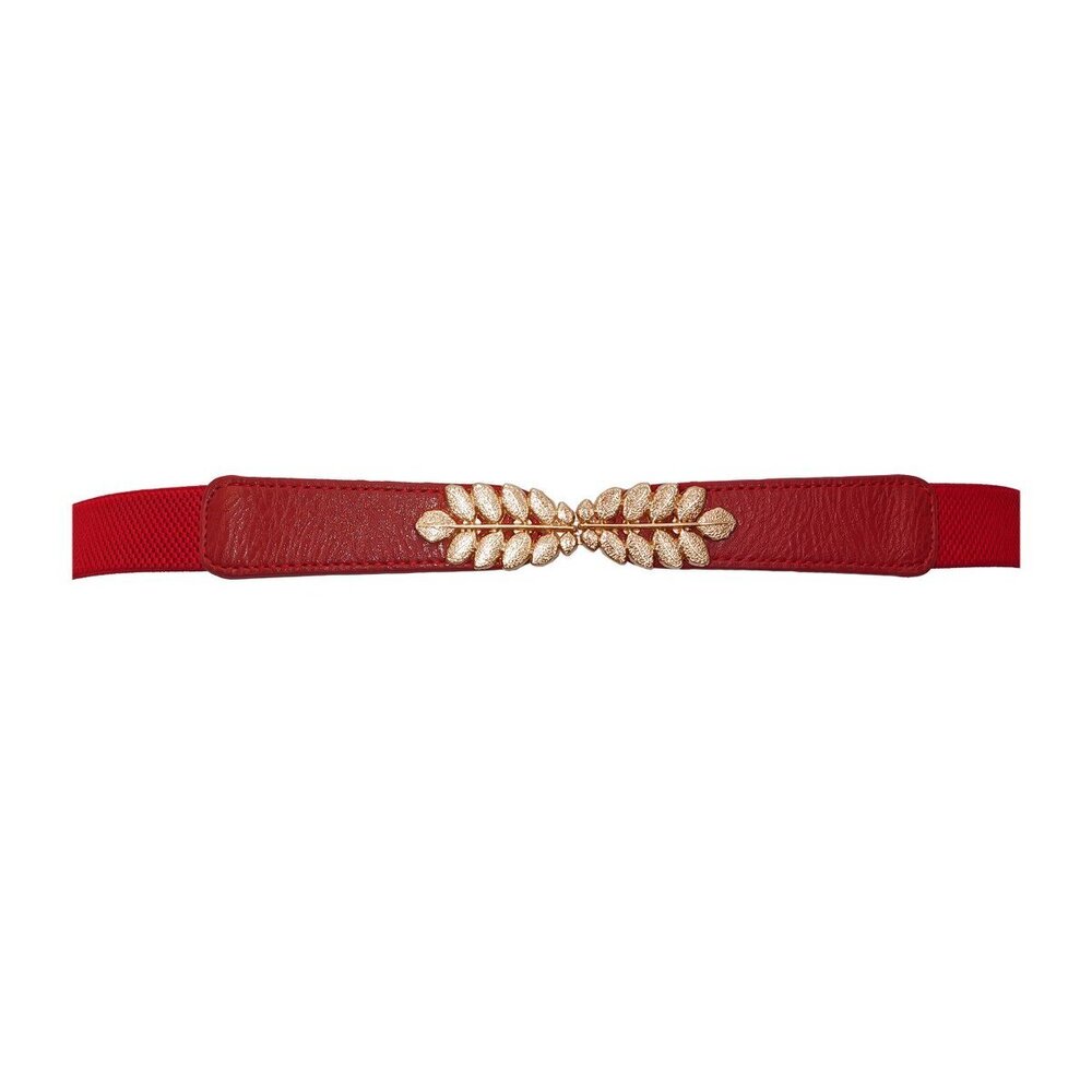3931 Evogues Plus Size Leaf Interlocking Buckle Elastic Belt Red- One